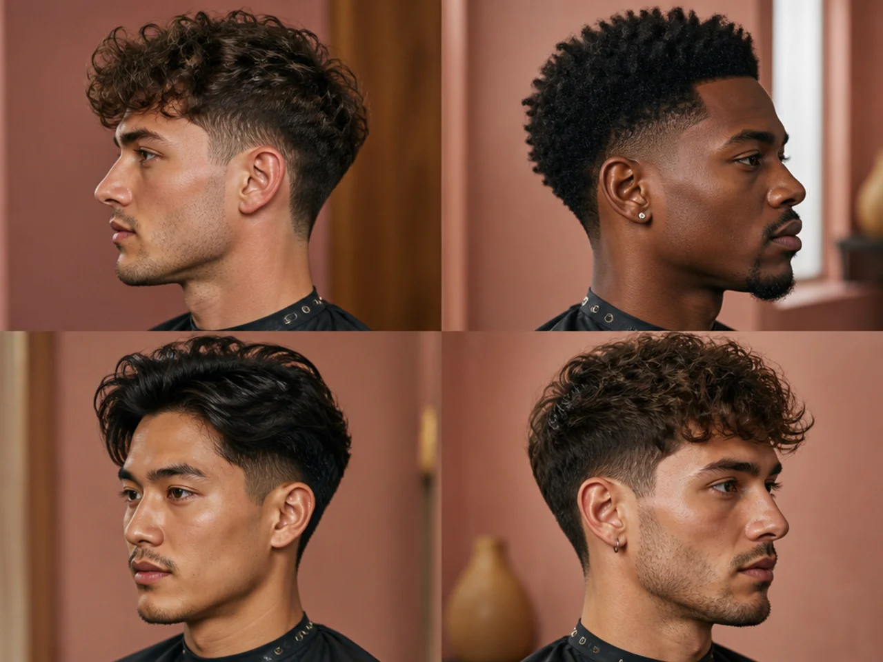 Row of six modern men's haircut ideas on a barbershop reference wall