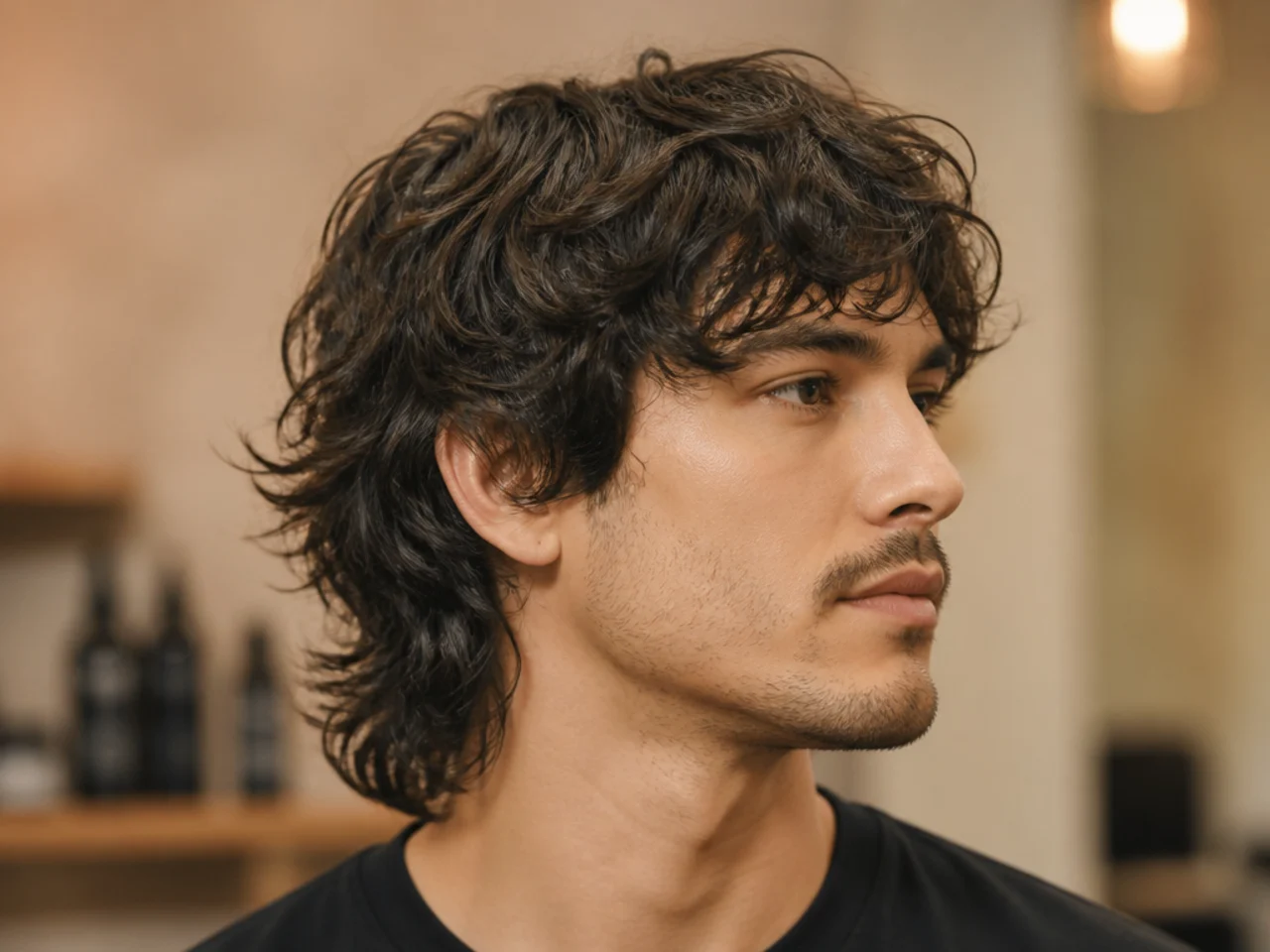 Wolf cut with choppy layers throughout and length at the nape on wavy hair