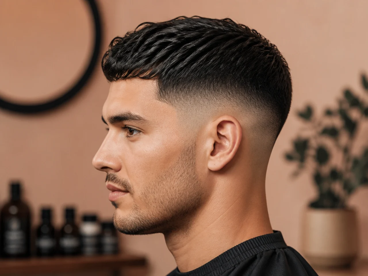Man in barber chair pointing to a reference photo on his phone while barber holds clippers