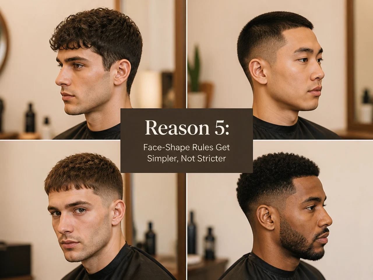 Four men with different face shapes each wearing a short haircut suited to their features