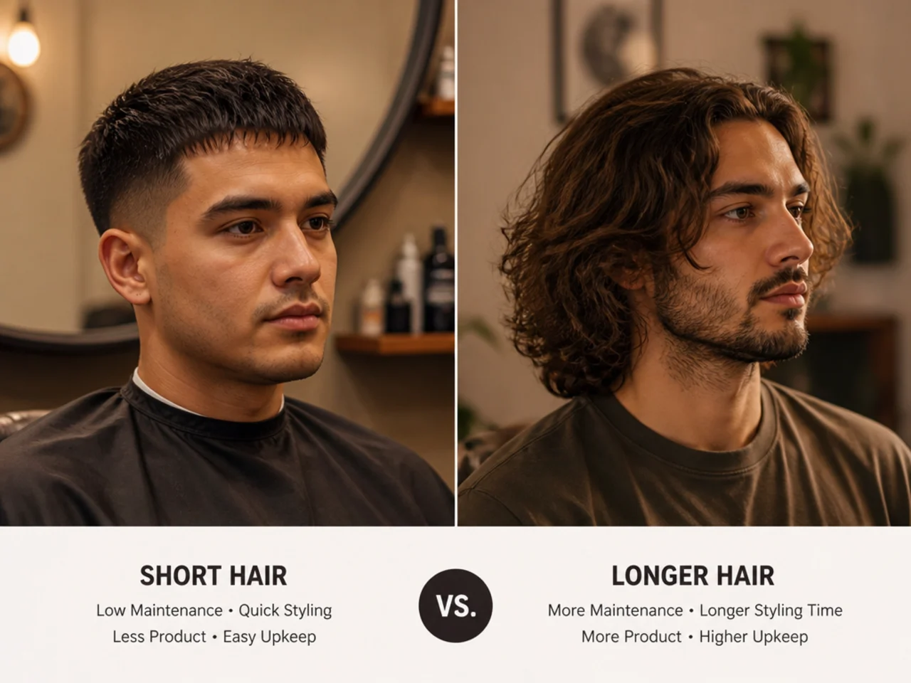 Barbershop station with reference photos of a short crew cut and a medium-length flow haircut