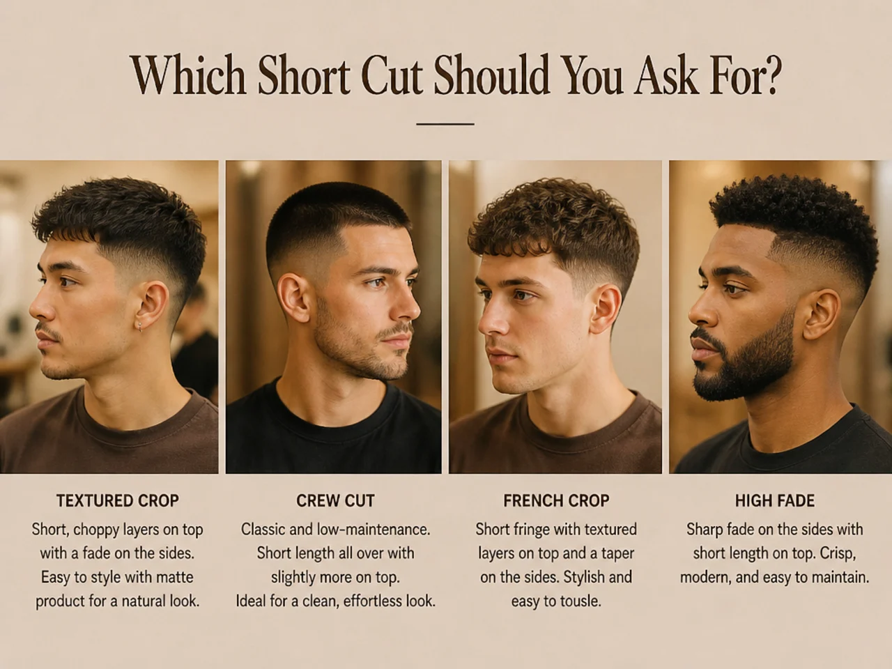 Four short men's haircuts displayed as a reference grid — buzz, crew, French crop, Ivy League