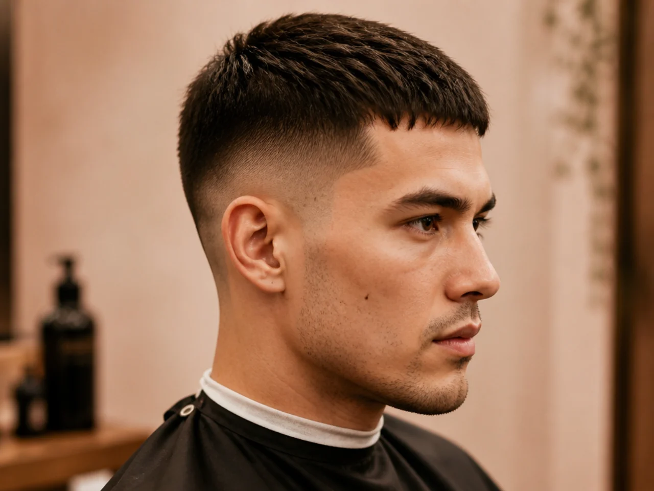 Man in his early thirties wearing a modern crew cut with a scissor-blended taper on Type 4 coily hair