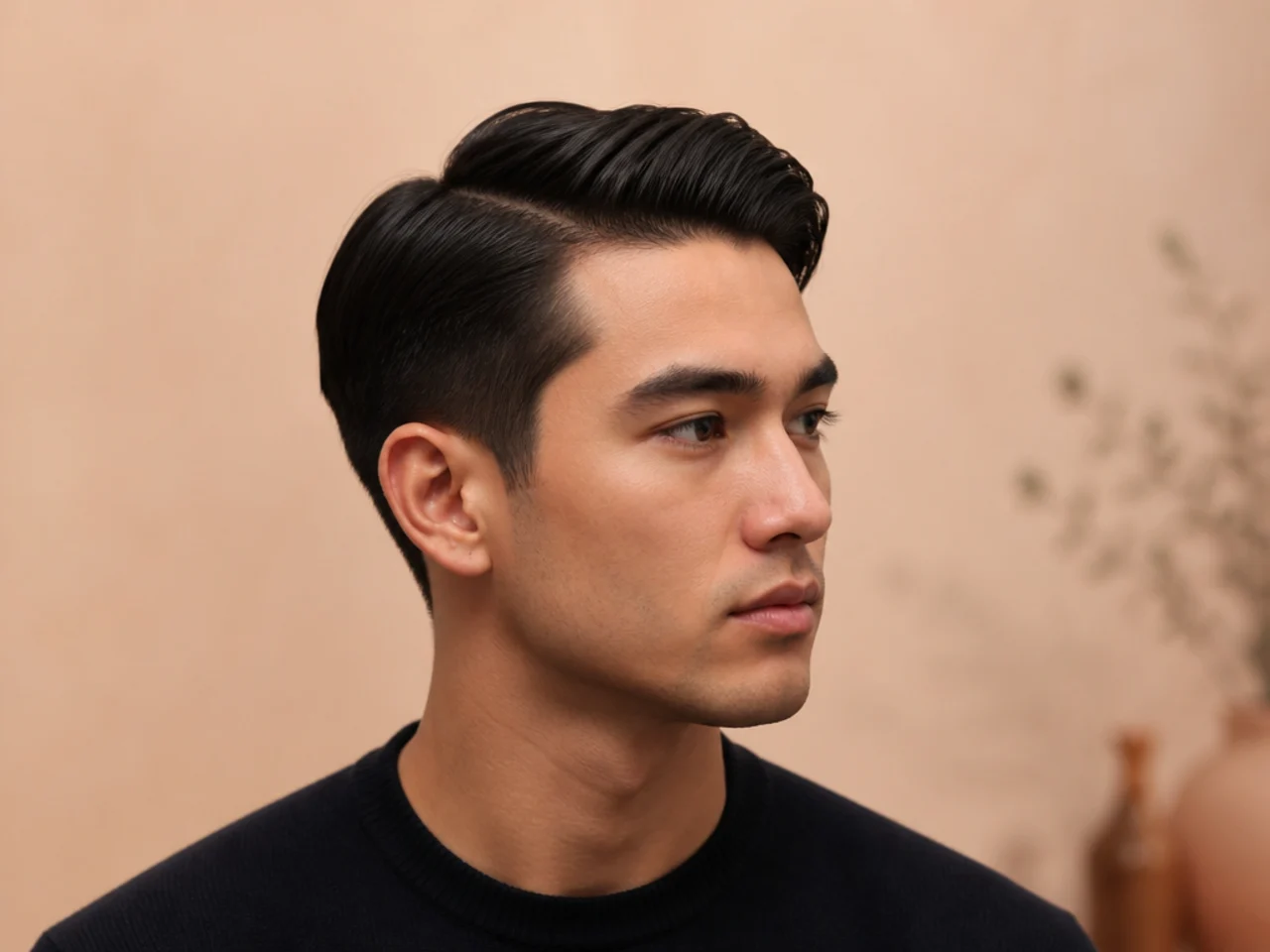 Attorney in his late twenties wearing an ivy league side part with a satin cream pomade finish on wavy brown hair