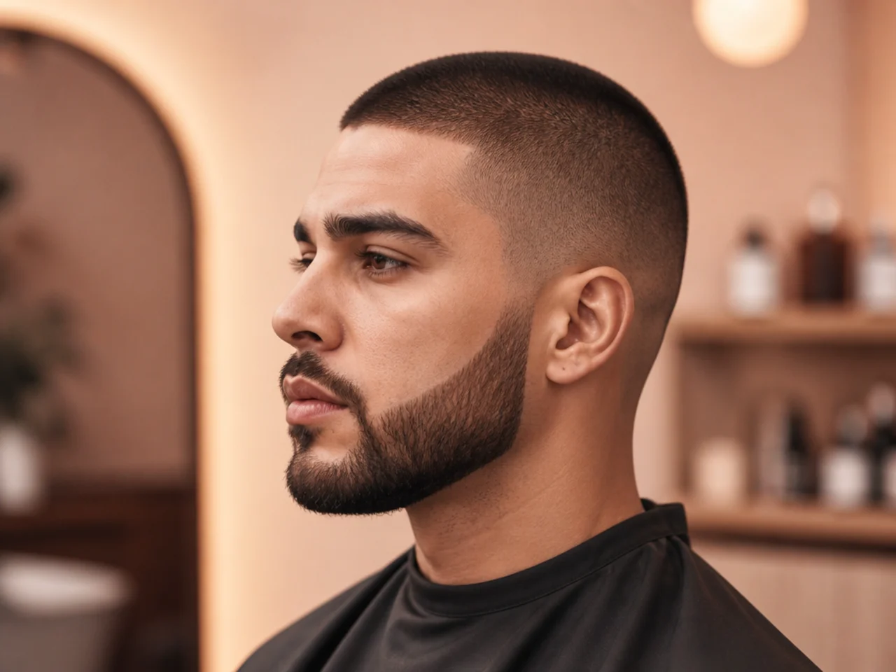 Man in his late thirties wearing a buzz cut at a number two with a shaped medium beard on thick straight hair