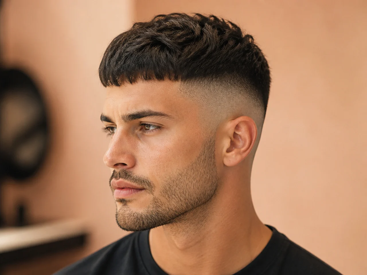 Art student in his early twenties wearing a short french crop with a dense straight-across fringe and a mid skin fade on dark wavy hair
