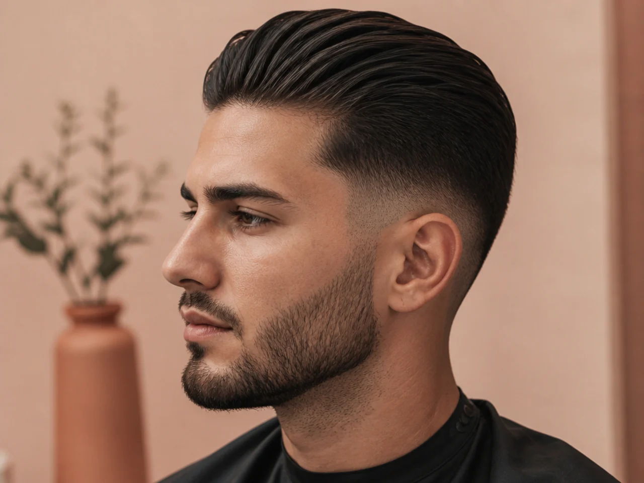 Restaurant manager in his mid-thirties wearing a short slick back with a low fade and satin pomade finish on thick straight hair