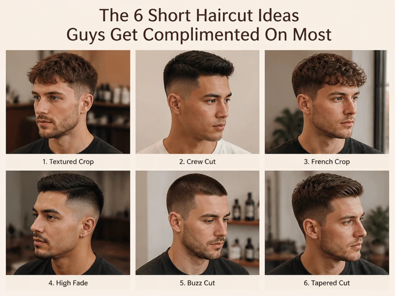 Grid of six short men's haircut ideas — textured crop, modern crew cut, ivy league side part, buzz cut with beard, short french crop with skin fade, short slick back with low fade