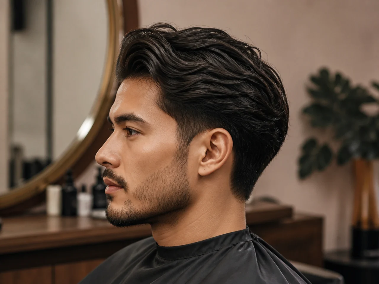 Young man reviewing haircut reference photos on his phone at a modern barbershop station