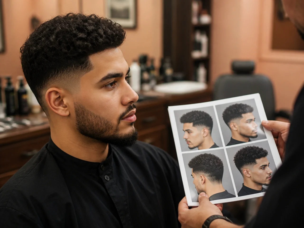 Man showing his barber a saved Pinterest reference photo of a low fade on his phone