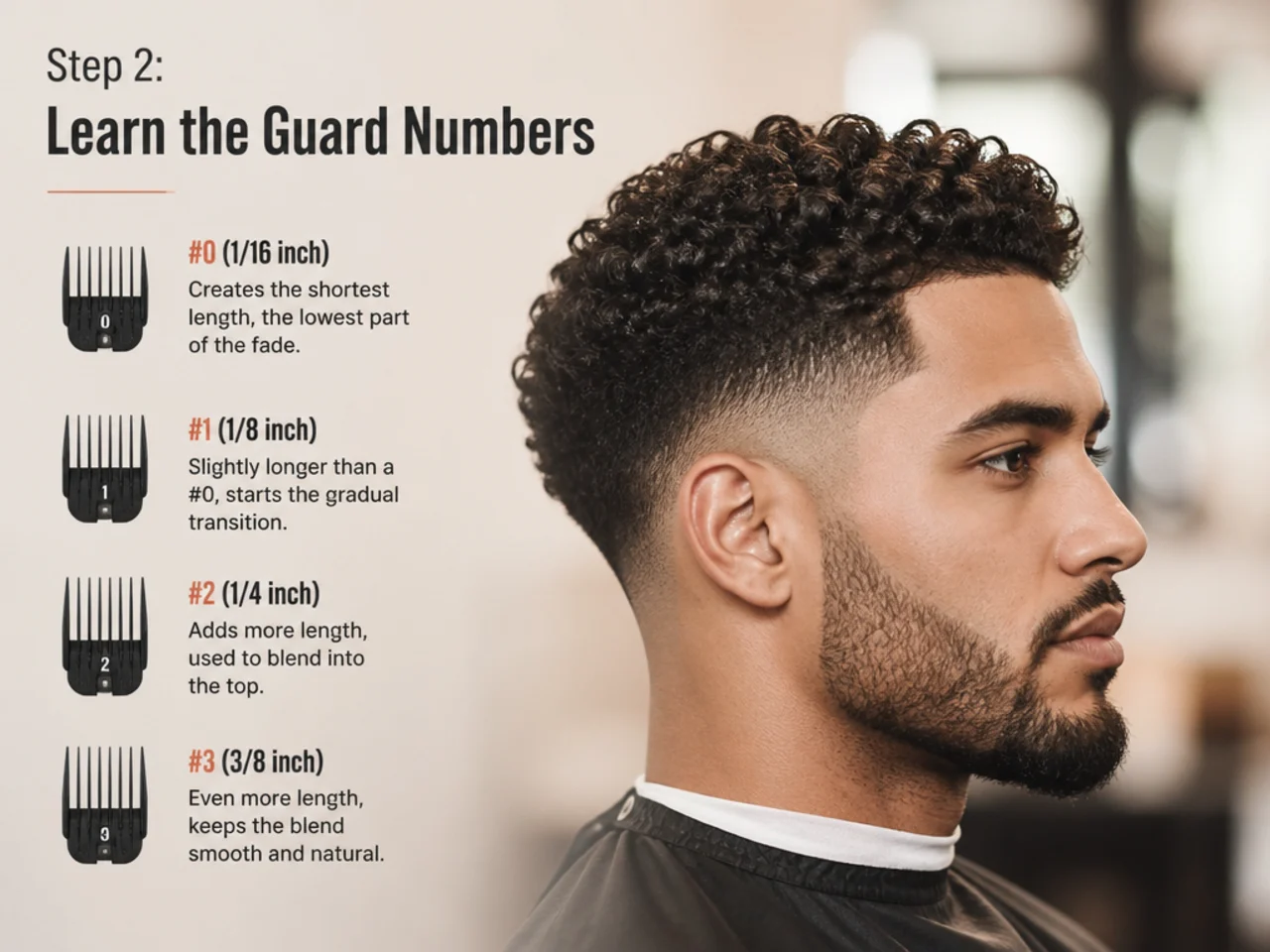 Set of clipper guards labeled 0, 0.5, 1, 2, and 3 lined up beside a pair of barber clippers
