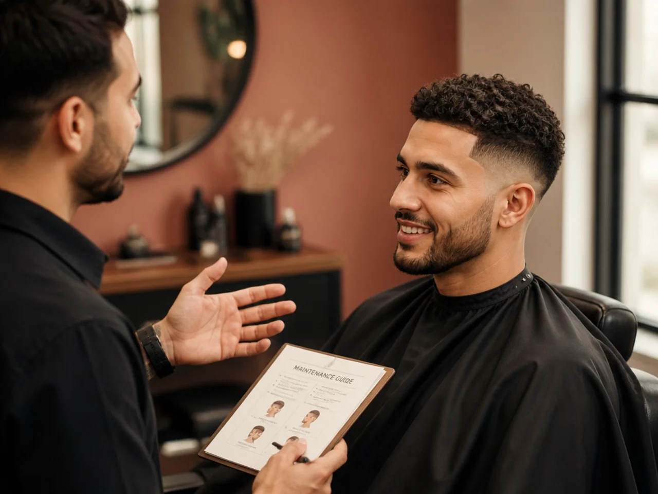 Barber and client looking at a calendar app to book the next low fade appointment