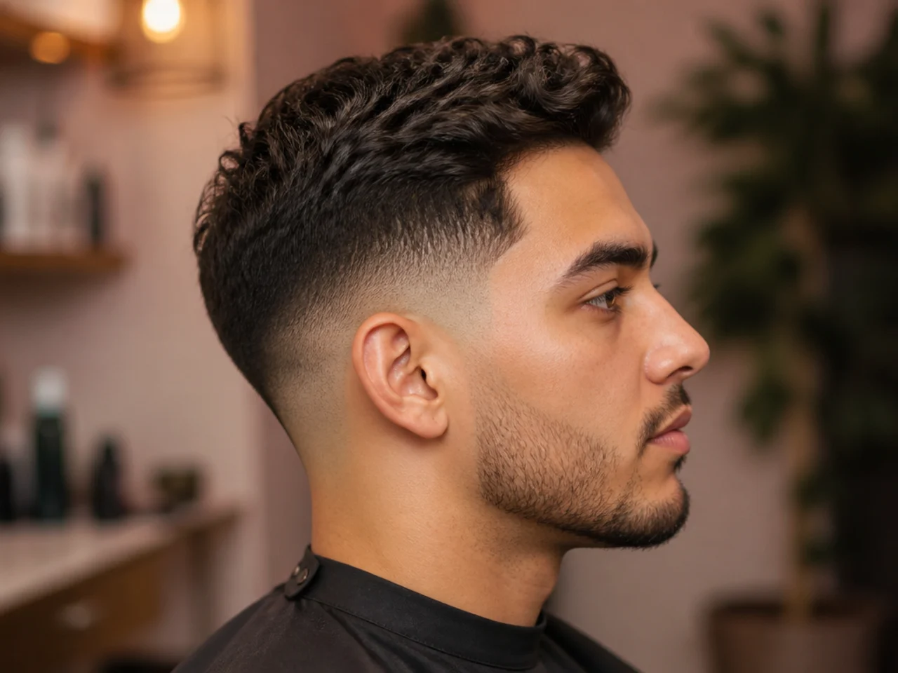Barber holding up a hand mirror to show a client the finished low fade from the back