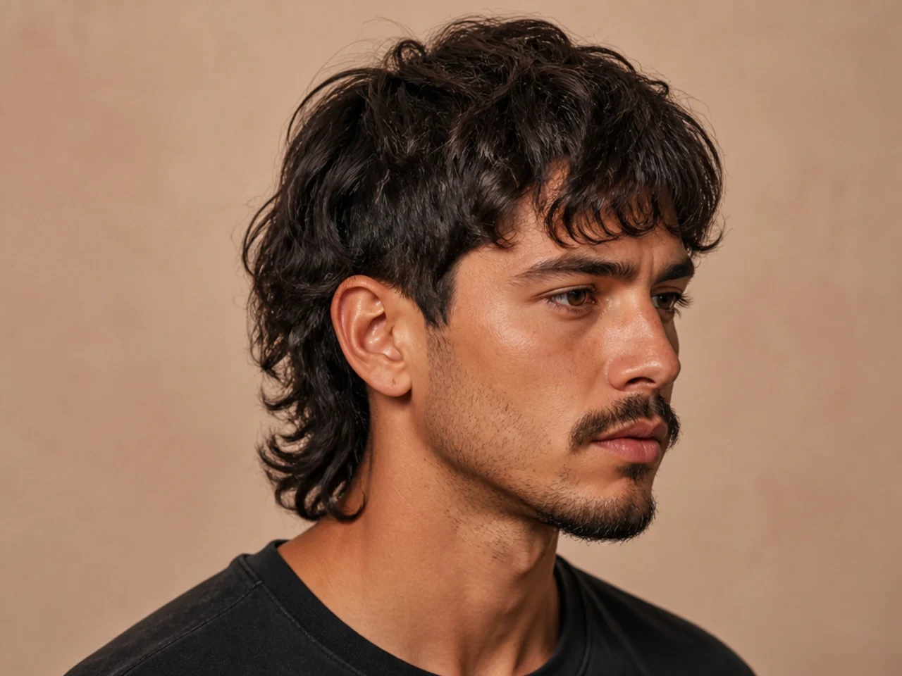 Modern mullet with four-inch textured top and five-inch nape past the collar