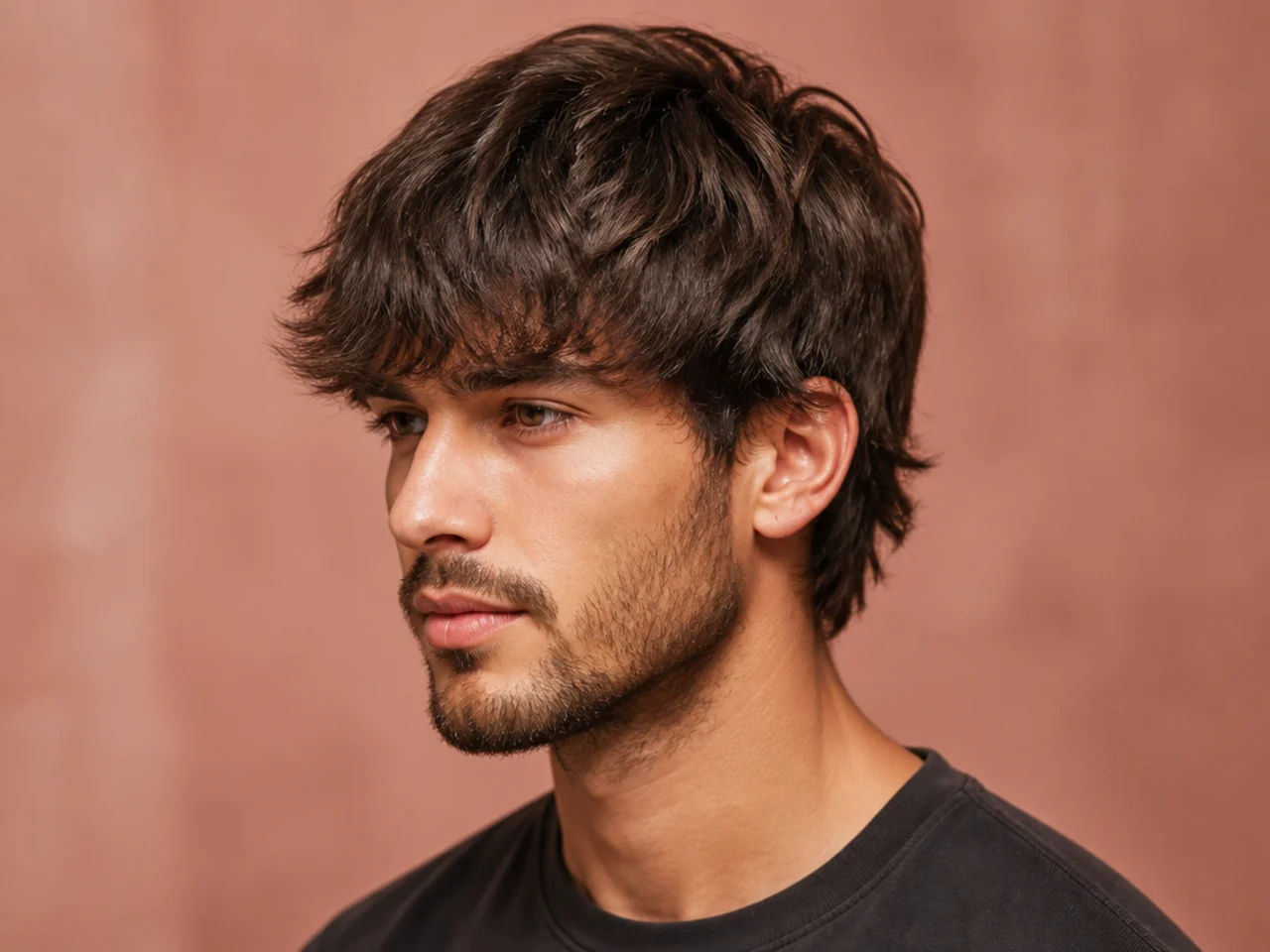 Medium fringe cut with four inches on top and heavy fringe falling to the brow