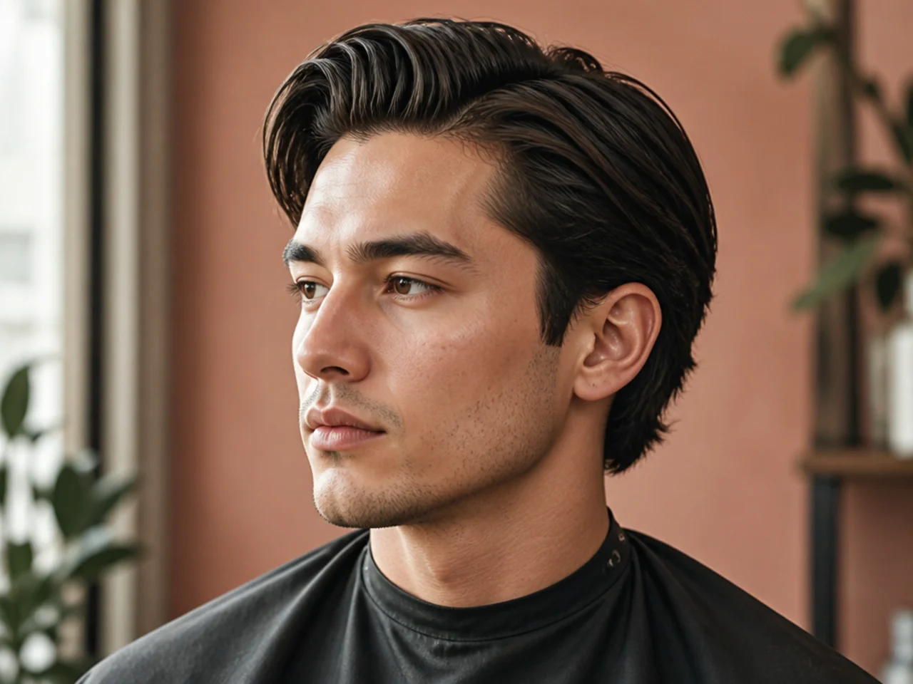 Medium comb over with defined part and hair brushed across the head