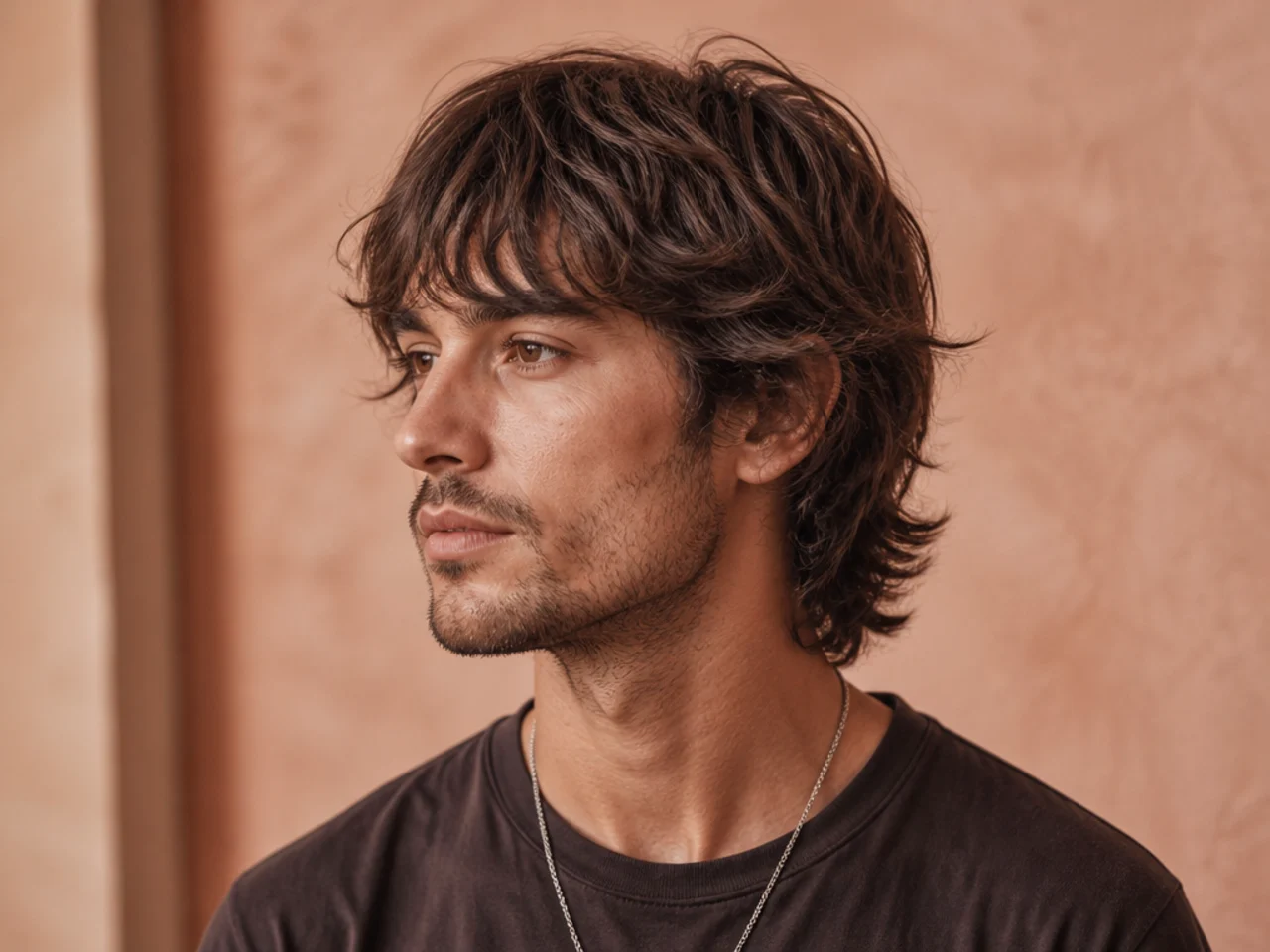 Medium shag with heavy layers, long forehead fringe, and scissor-blended sides