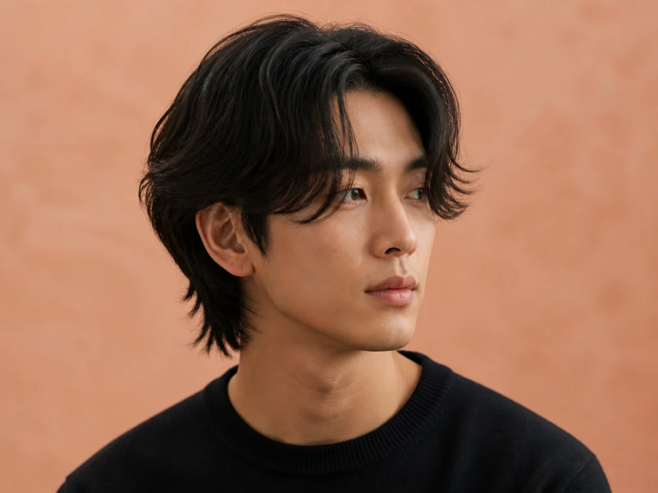 Korean medium cut on a young Asian man with soft rounded layers and glossy finish