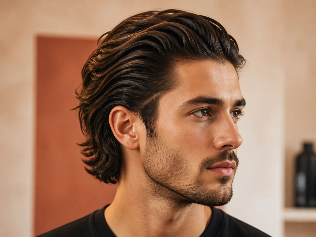 Medium textured slick back with point-cut top brushed back and matte finish