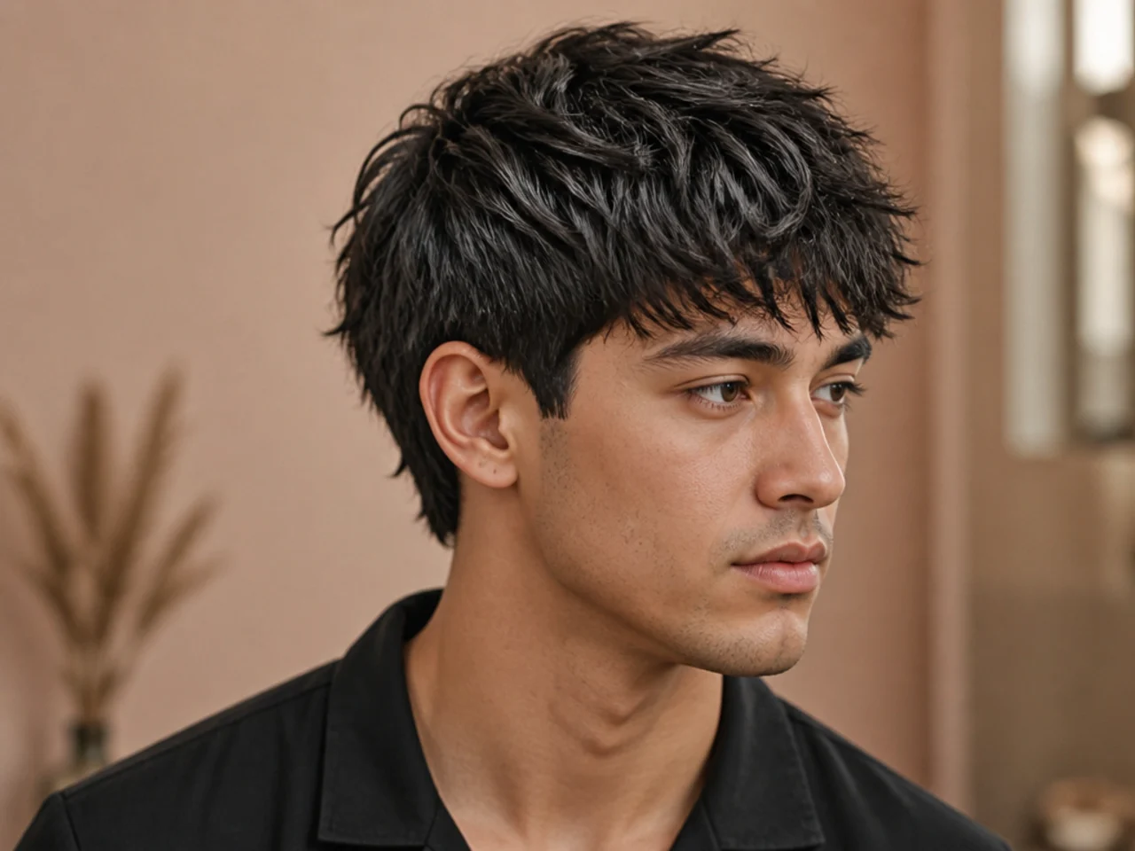 Medium textured fringe with four inches on top and heavy piecey fringe to the brow