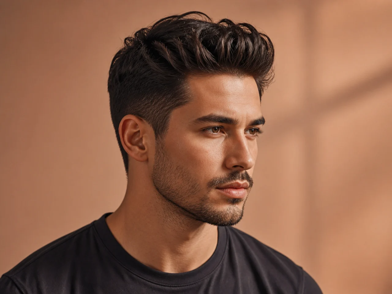 Medium quiff with vertical lift at the front and tapered sides