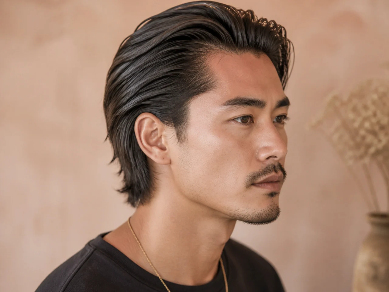 Medium slick back with four inches on top brushed straight back over tapered sides