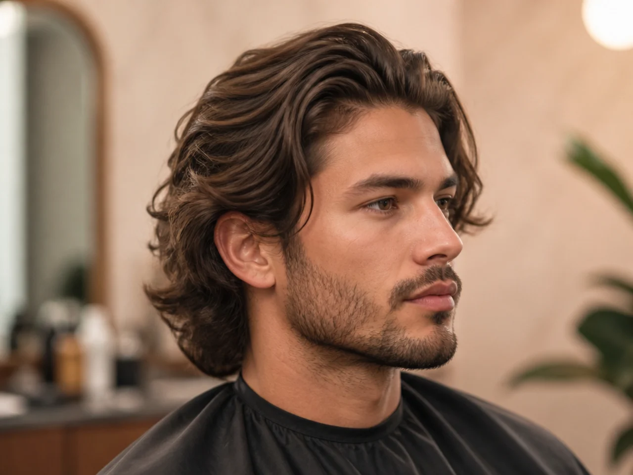 Bro flow with six inches on top brushed back off the face and worn to the collar