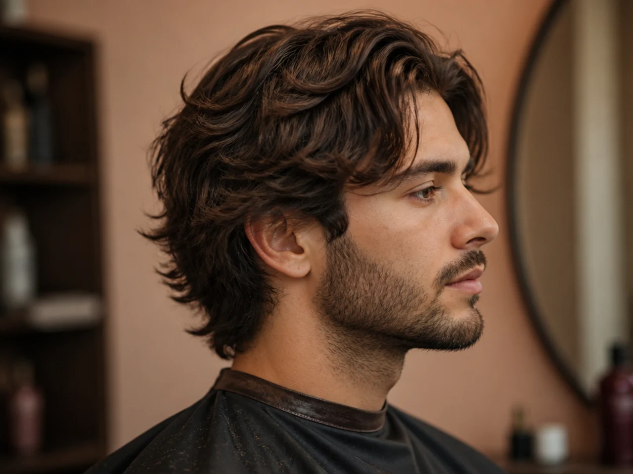 Barber and client discussing medium length haircut reference photos in a modern barbershop