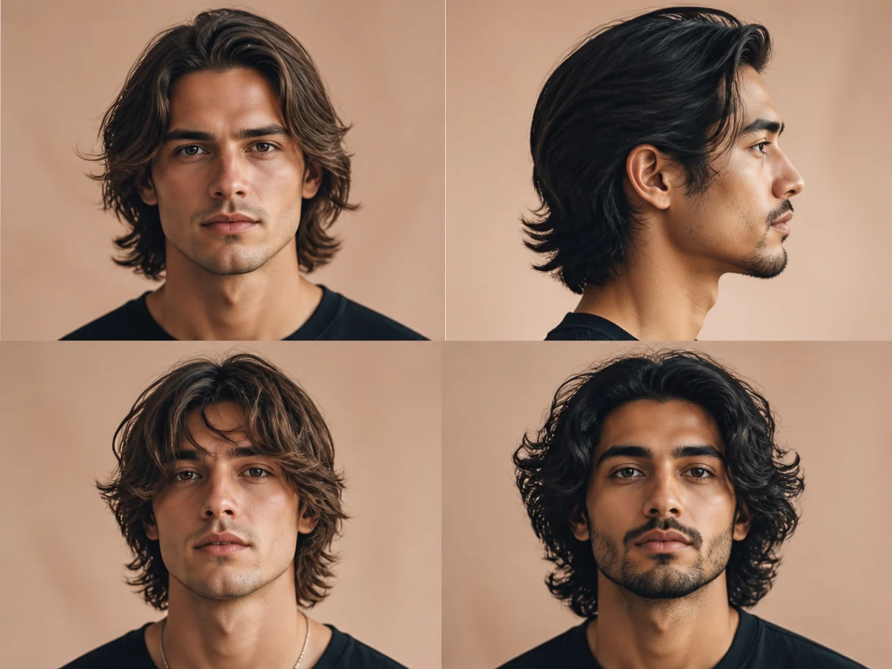Three young men shown side by side with different medium length haircuts for different face shapes