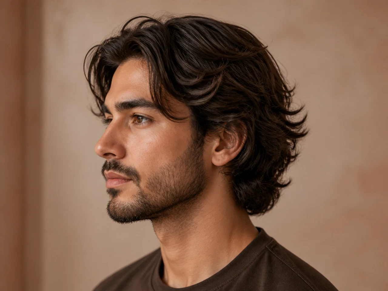 Side-profile diagram of a medium length men's haircut showing five inches on top and scissor-blended sides