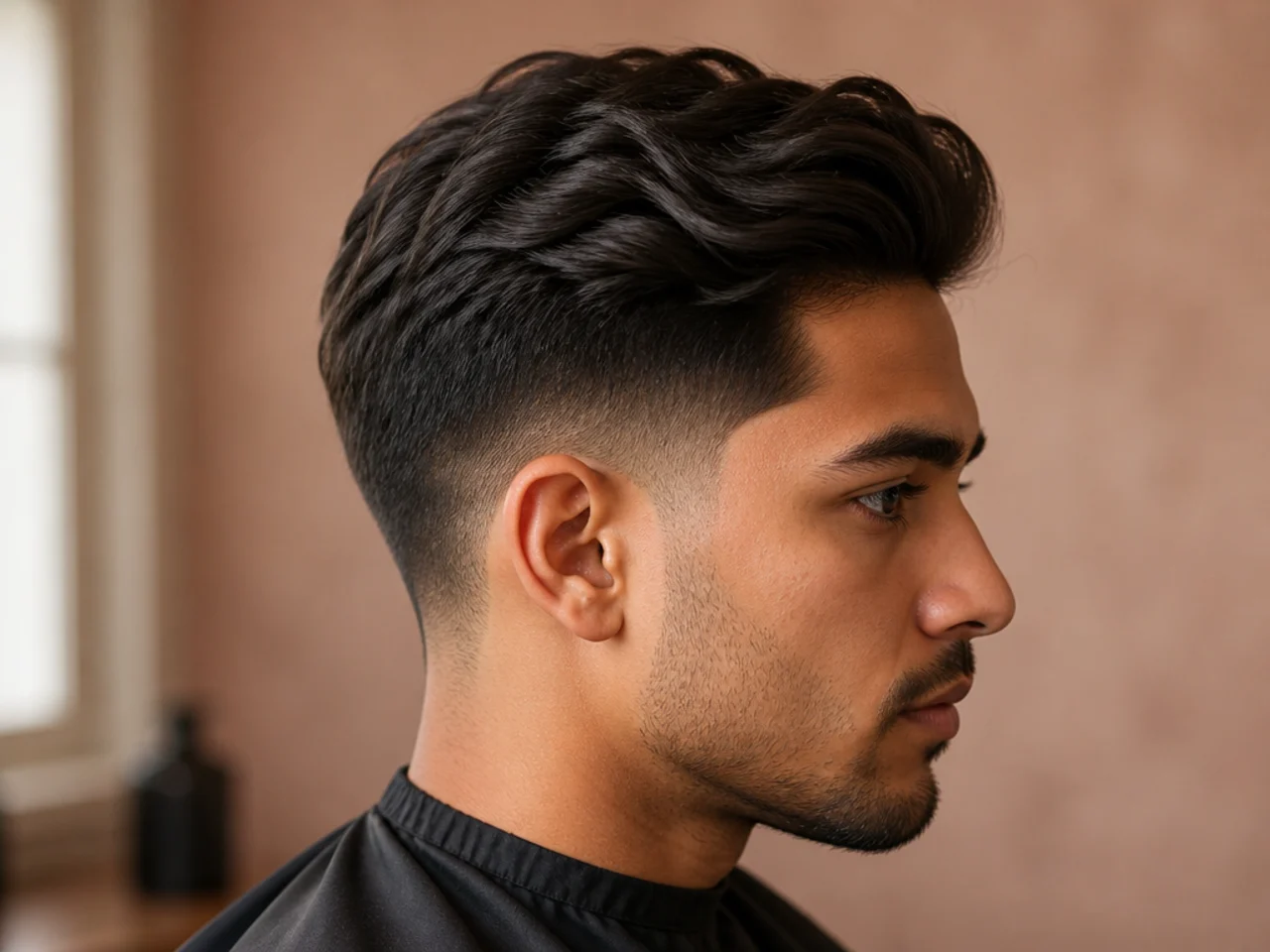 Young man wearing a matte textured side sweep on top with a low taper fade on the sides