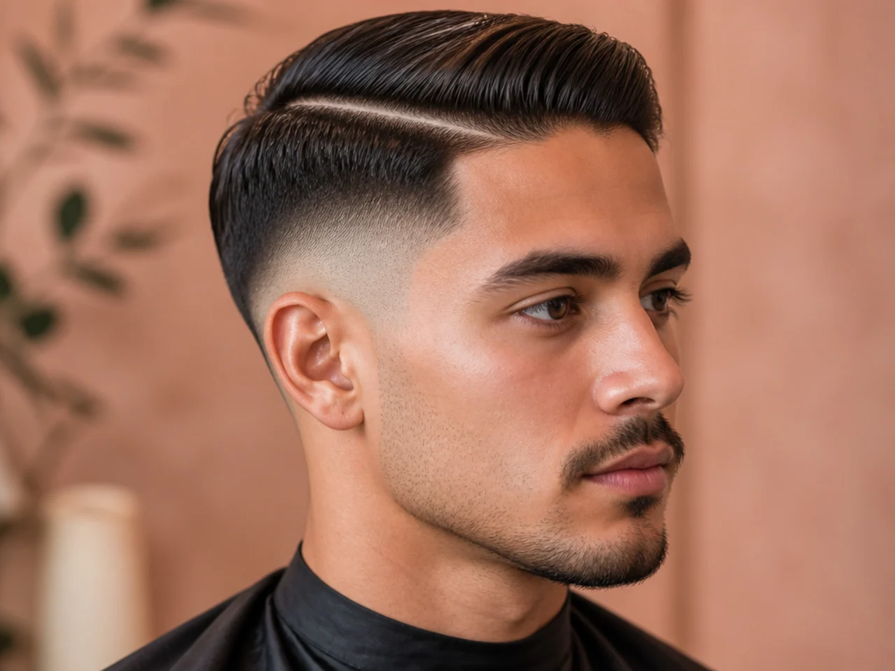 Young man wearing a razor-drawn hard part with a mid-height skin fade and matte-textured top