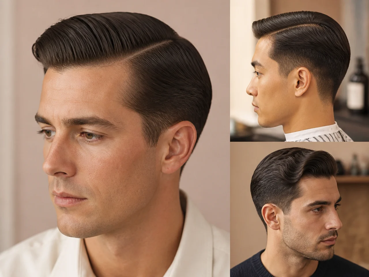 Man in his mid-forties wearing a vintage comb-over side part with scissor-tapered sides and a satin finish