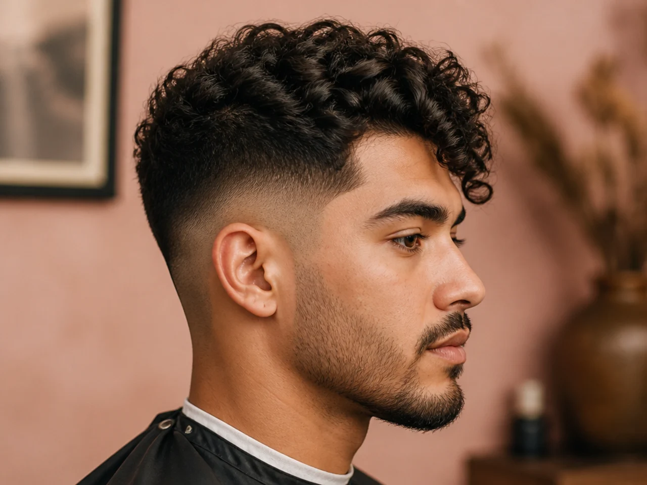 Man with 3B curly hair wearing a defined side sweep on top with a blended mid fade on the sides