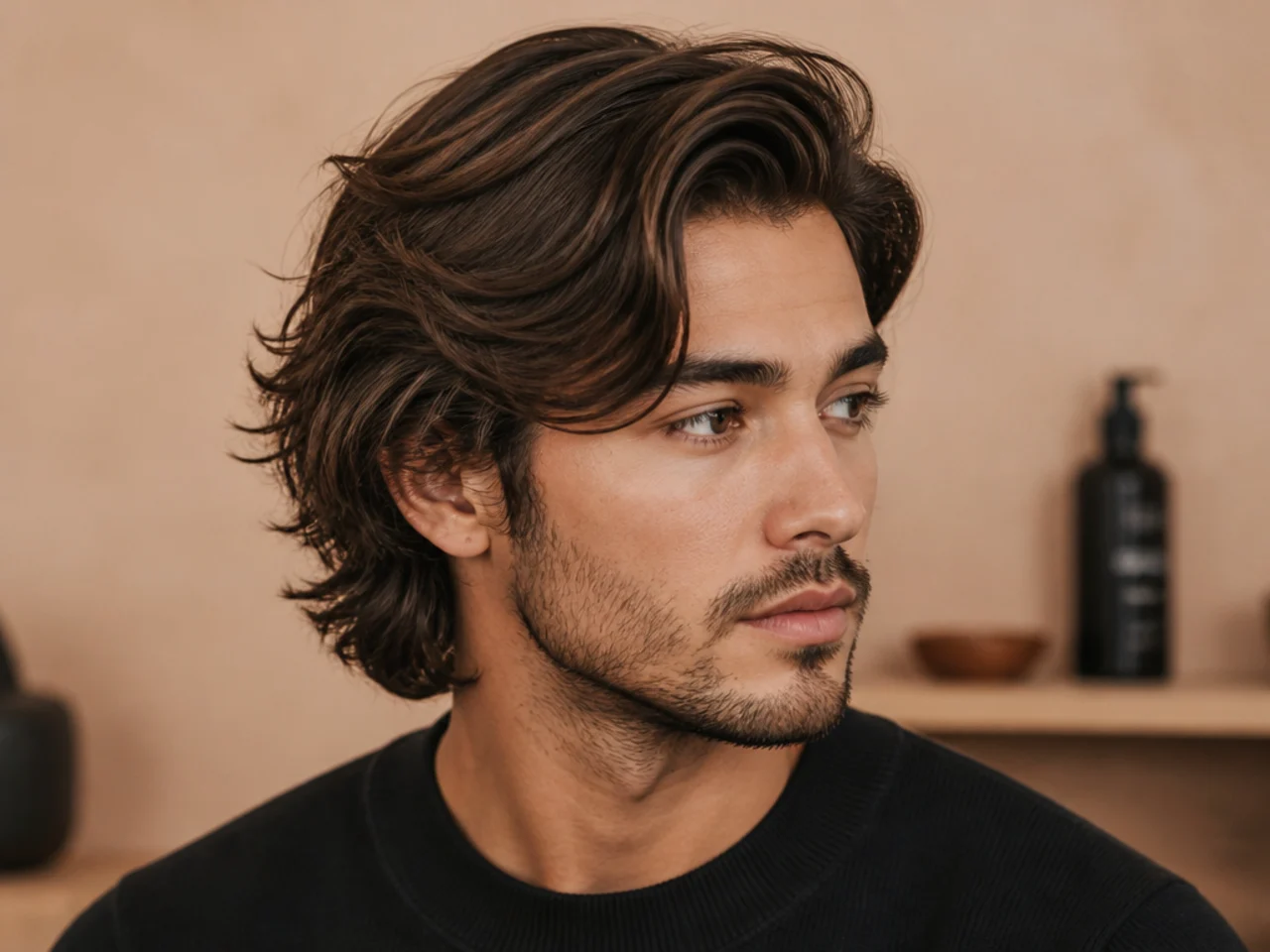 Musician wearing a long four-inch flowing side part on wavy hair with scissor-tapered sides