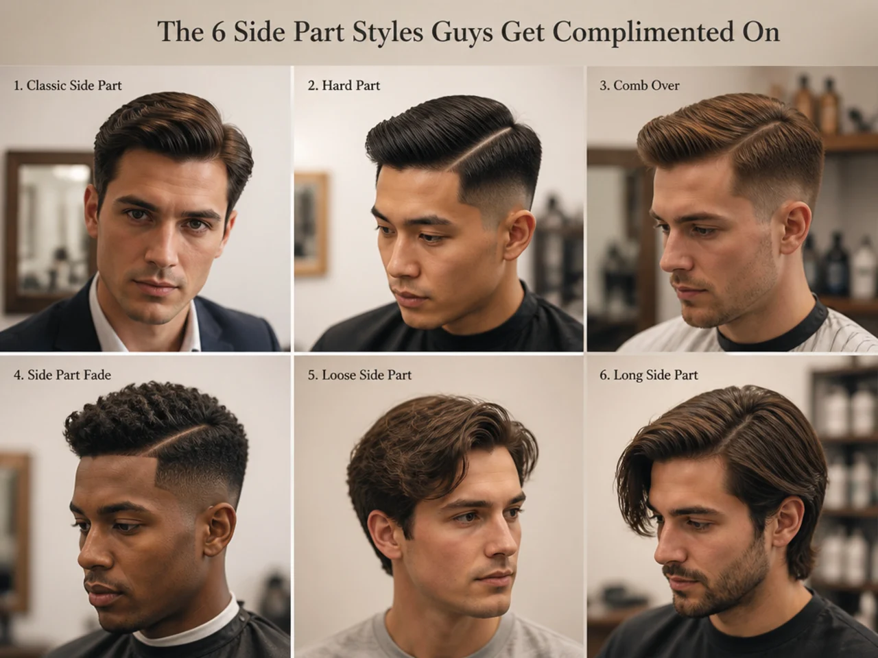 Grid of six distinct side part styles for men including soft classic, textured sweep, hard part fade, vintage comb-over, curly sweep, and long flowing part