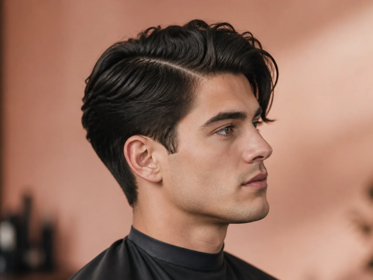 Close-up of a fresh side part with a clean natural parting and satin finish on brown hair