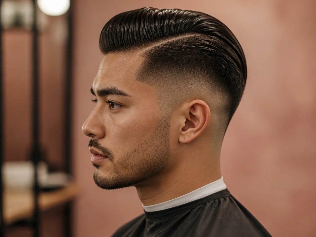 Slick-back undercut side part with disconnected sides, five-inch top slicked back and to the side with high shine