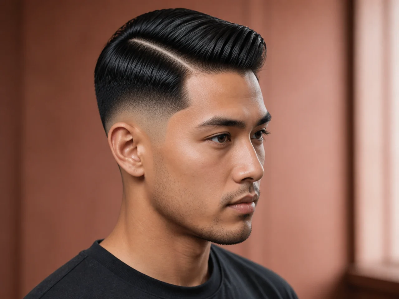 Hard-part side part with drop fade, razor-drawn line and a low-dropping fade behind the ear
