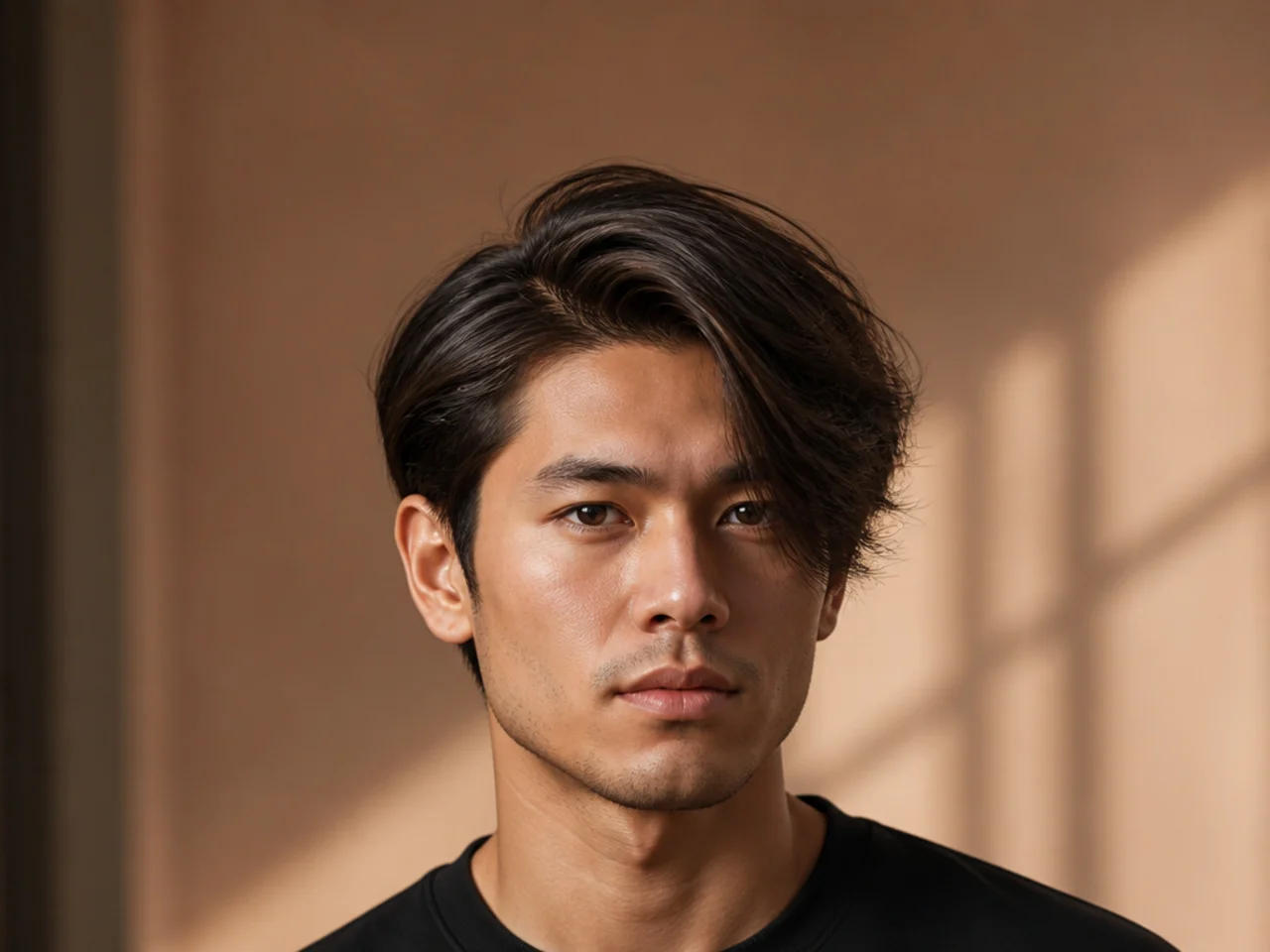 Long side-swept fringe side part with three-inch top and a longer side-swept fringe falling to the cheekbone