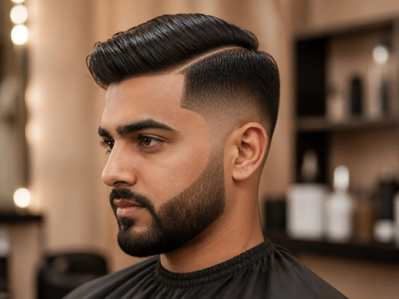 Side part with beard blend fade, medium top and a full beard connected to the sideburn through a graduated fade