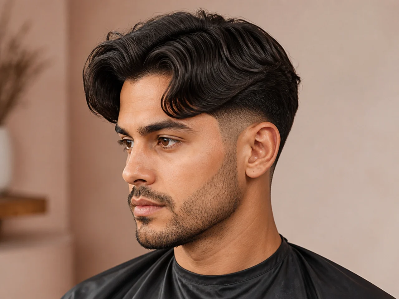 Curtain-style side part with low fade, curtain front parted to one side over a defined low fade at the ears