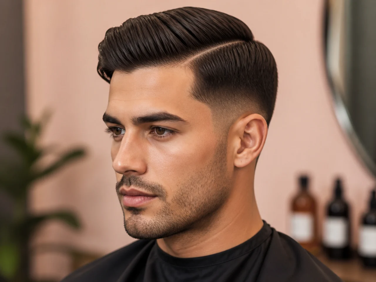 Shallow side part with low fade, one-and-a-half-inch top parted close to center and a low fade at the perimeter