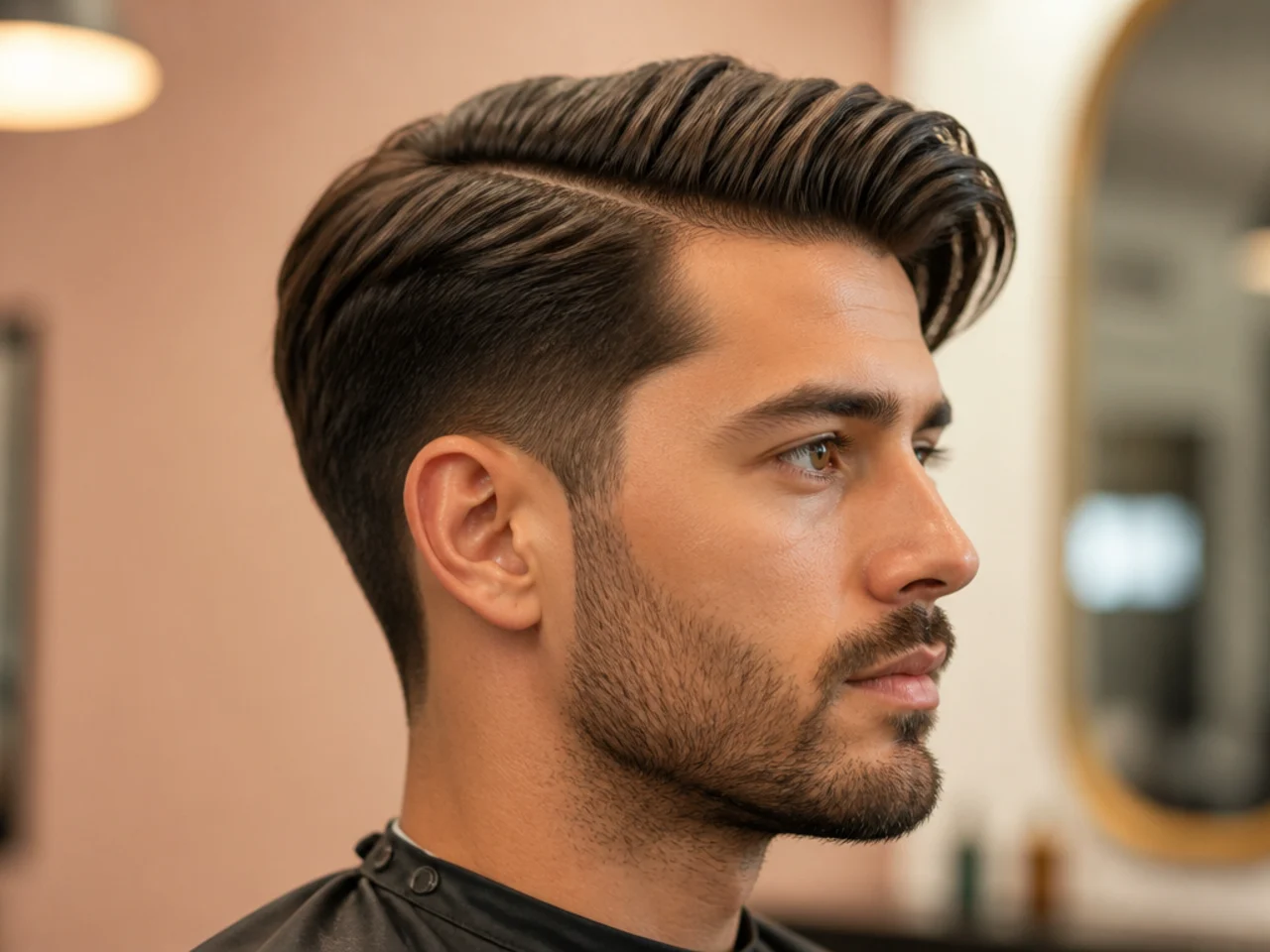 Side-parted flow with low taper, three-inch top with natural waves swept horizontally to one side