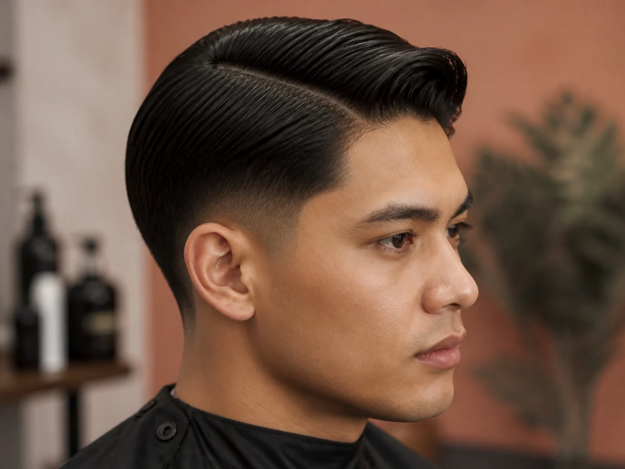 Comb-over side part with low taper, medium-length top combed horizontally across the parting