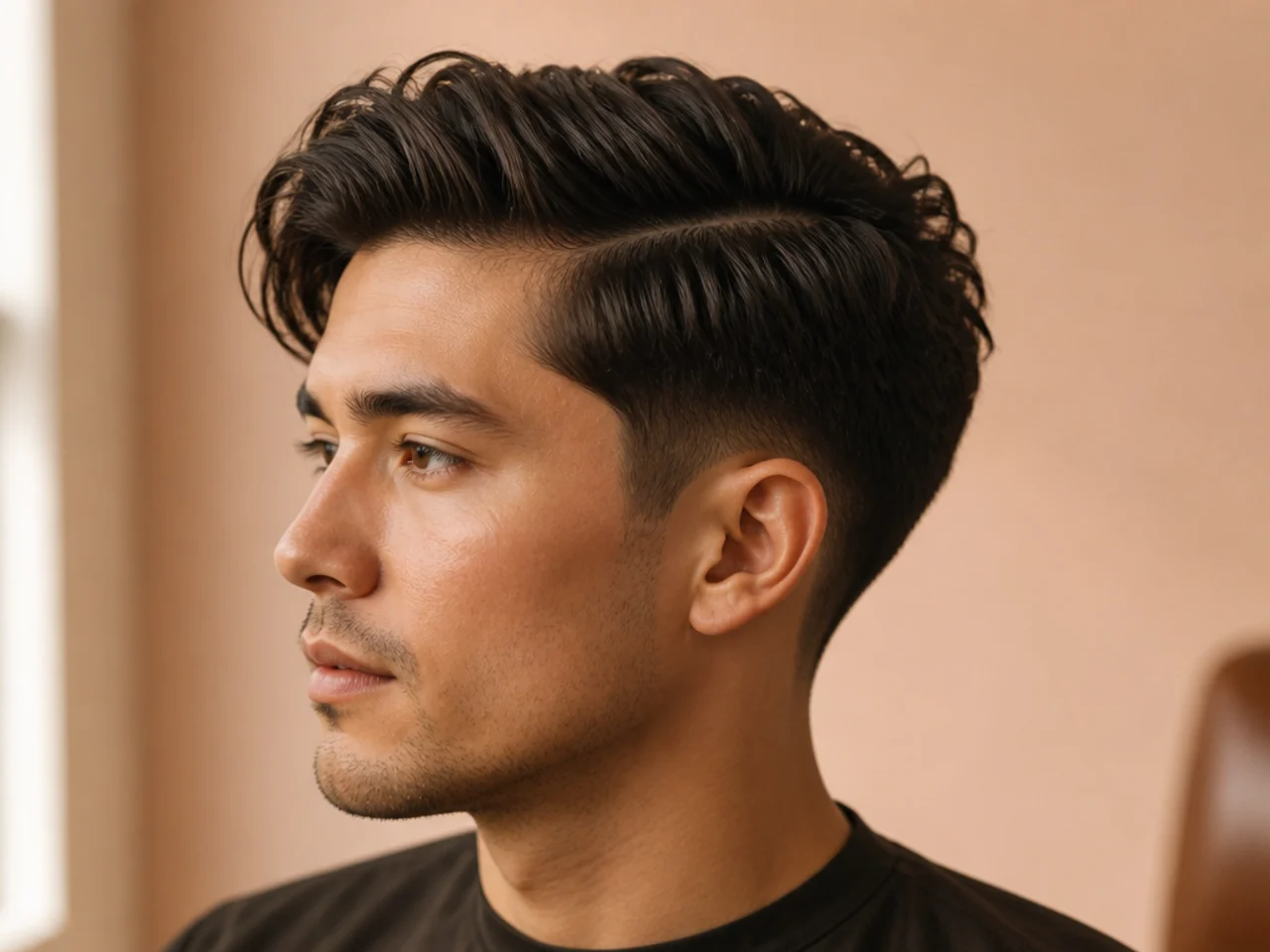 Volumized textured side part with low taper, three-inch top with visible volume at the front and sides kept at length