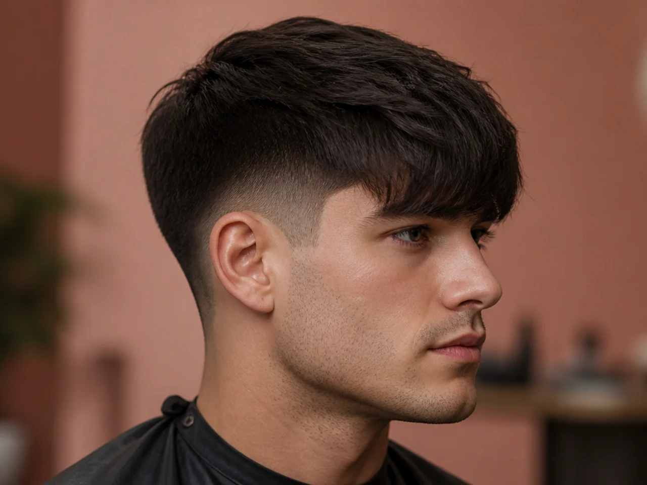 Side part with full fringe and low fade, heavy blunt fringe across the forehead with a defined side parting behind it
