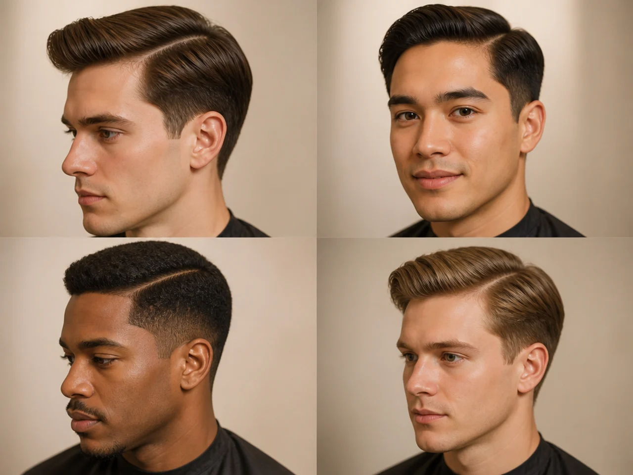 Ivy League side part with satin finish, two-inch top, scissor-blended sides, and a defined natural parting