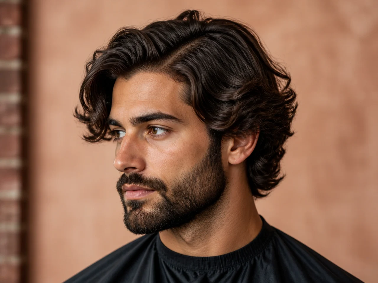 Wavy medium side part with a shaped medium beard, three-inch waved top and a beard adding width at the chin