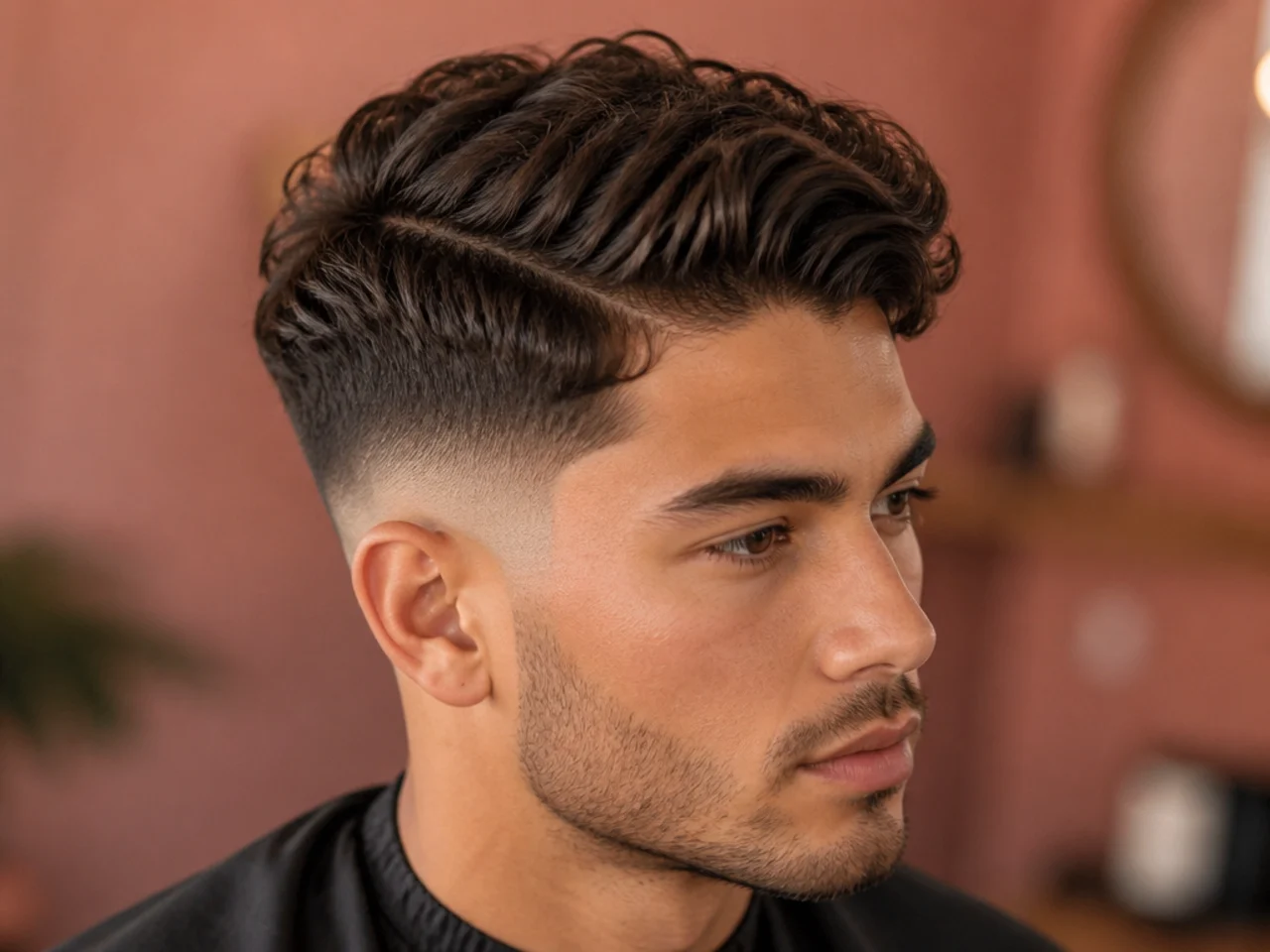 Textured side part with a mid fade, point-cut top for visible texture and clean fade at the temple